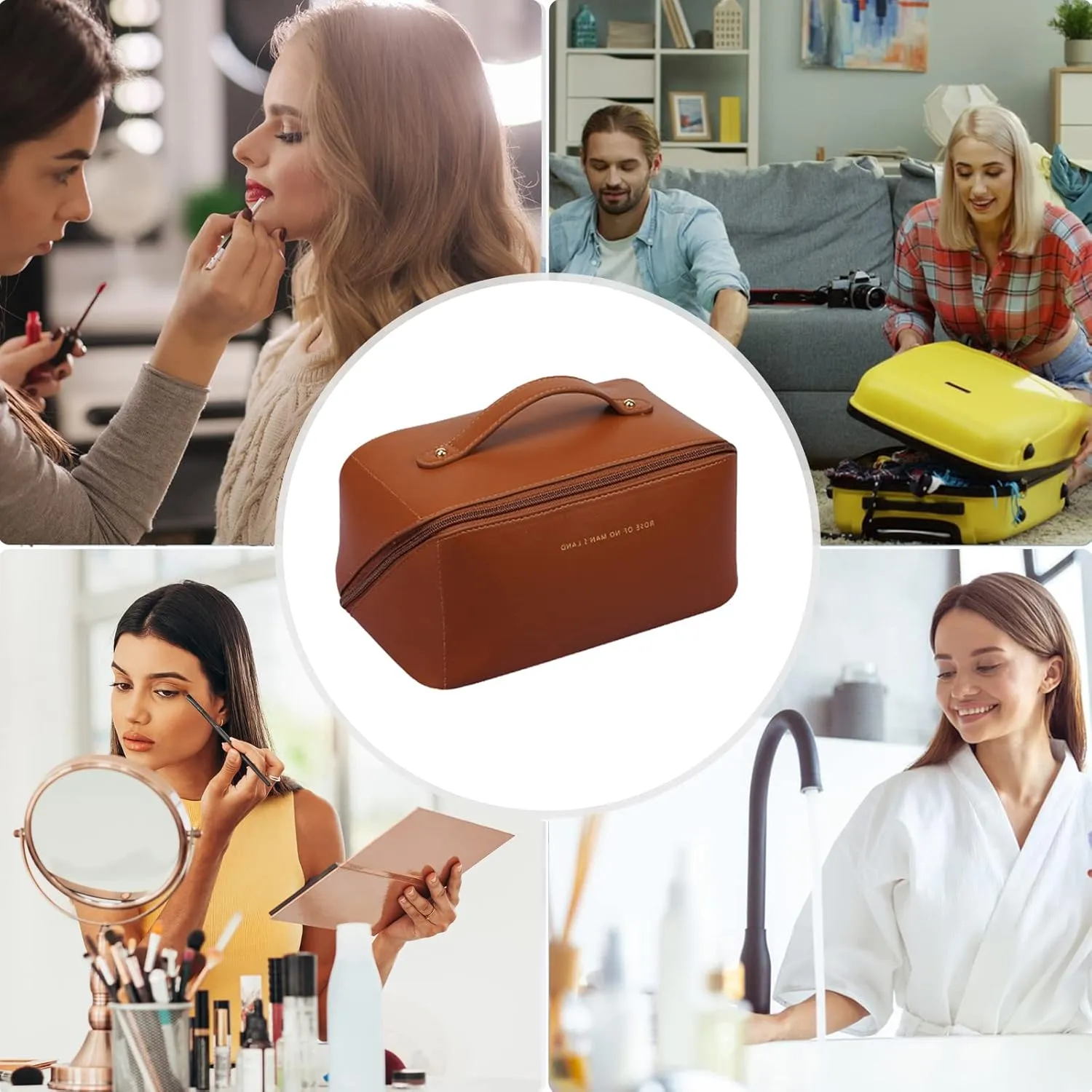 Toiletry Bag For Women Portable Make Up Bag Waterproof Wash Bag PU Leather Cosmetic Bag Bathroom Shower Bag Multifunctional Travel Organizer For Shampoo, Cosmetics, Toiletries Brown