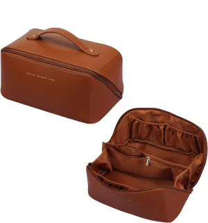 Toiletry Bag For Women Portable Make Up Bag Waterproof Wash Bag PU Leather Cosmetic Bag Bathroom Shower Bag Multifunctional Travel Organizer For Shampoo, Cosmetics, Toiletries Brown