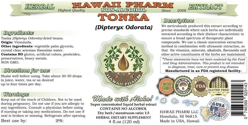 Tonka Alcohol-Free Liquid Extract, Tonka (Dipteryx odorata) Dried Beans Glycerite Natural Herbal Supplement, Hawaii Pharm, USAt 2 fl.oz