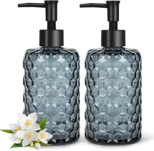 Topsky 2 Pack Glass Soap Dispenser with Plastic Pump, 475ml Liquid Hand Soap Dispenser, Rustproof Pump for Kitchen & Bathroom, Great for Lotions, Essential Oil, Liquid Soaps-Grayish Blue