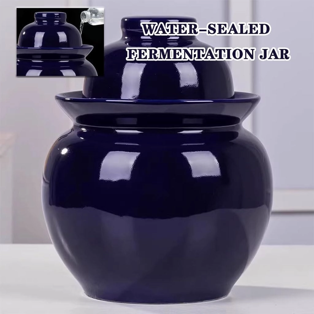 Traditional Water-sealed Pickle Jar, Large-diameter Portable Fermentation Crock, Pickled Korean Kimchi, High-temperature Firing, Hand-glazed(1.75kg/61.7oz)