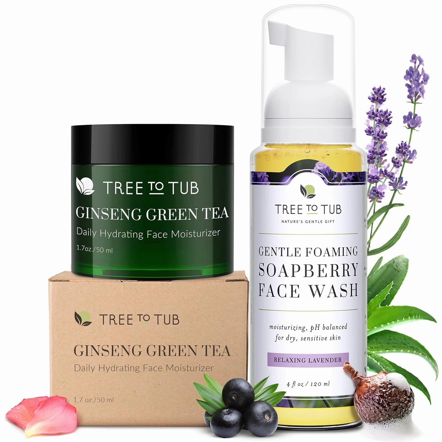 Tree to Tub Hydrating Face Moisturizer for Dry and Sensitive Skin & Sensitive Skin Face Wash for Dry Skin - Hyaluronic Acid Facial Moisturizer & Moisturizing Gentle Face Cleanser for Women & Men