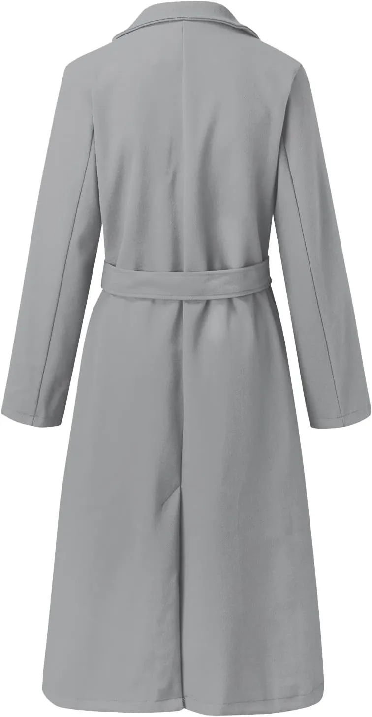 Trench Coat for Women 2023 Open Front Long Sleeve Solid Color Lapel Peacoat Jacket Loose Causal Belted Cardigan Tops