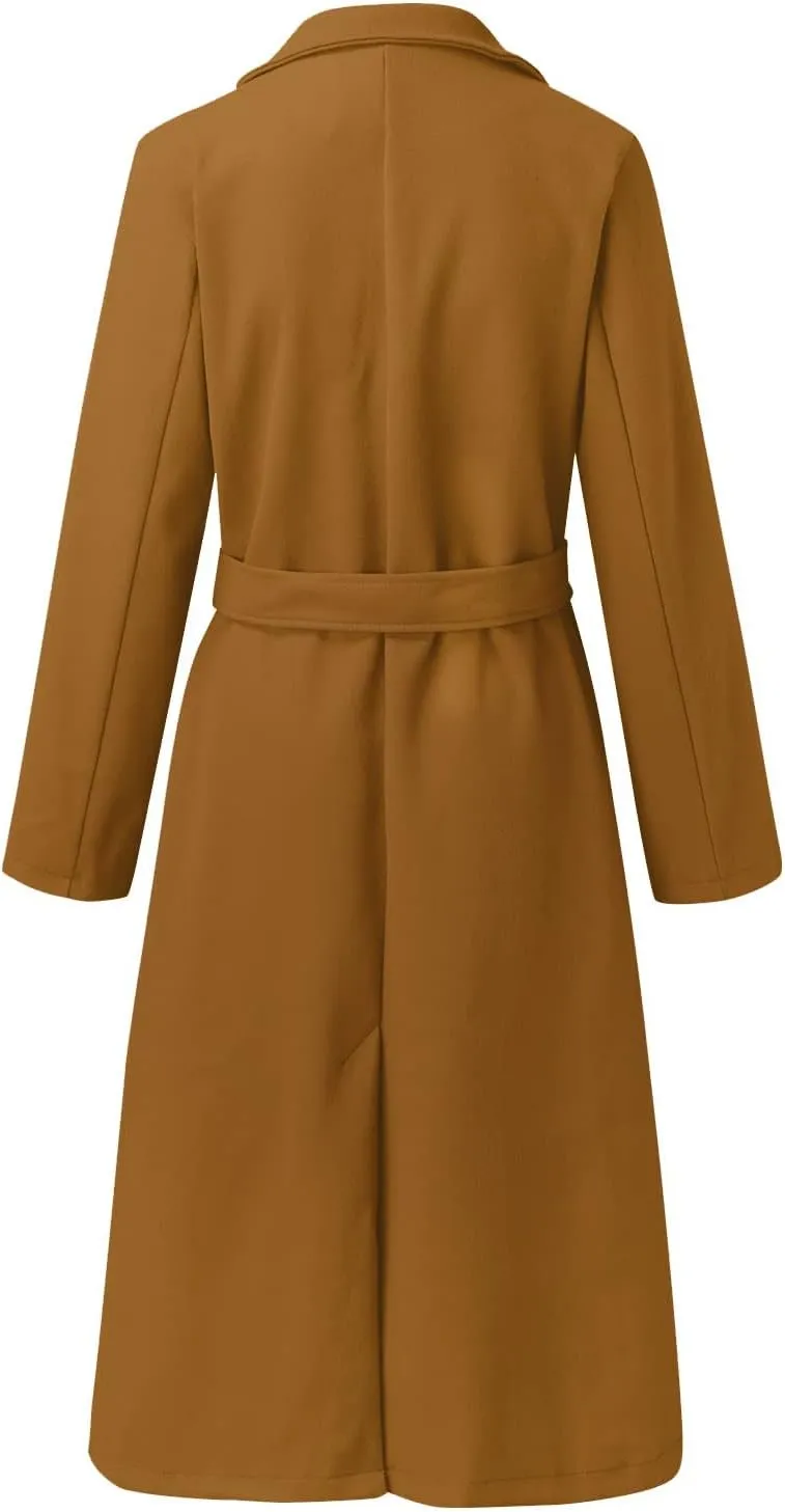 Trench Coat for Women 2023 Open Front Long Sleeve Solid Color Lapel Peacoat Jacket Loose Causal Belted Cardigan Tops