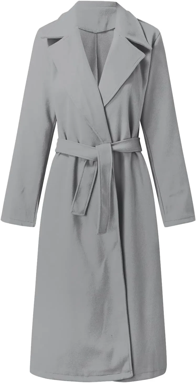 Trench Coat for Women 2023 Open Front Long Sleeve Solid Color Lapel Peacoat Jacket Loose Causal Belted Cardigan Tops