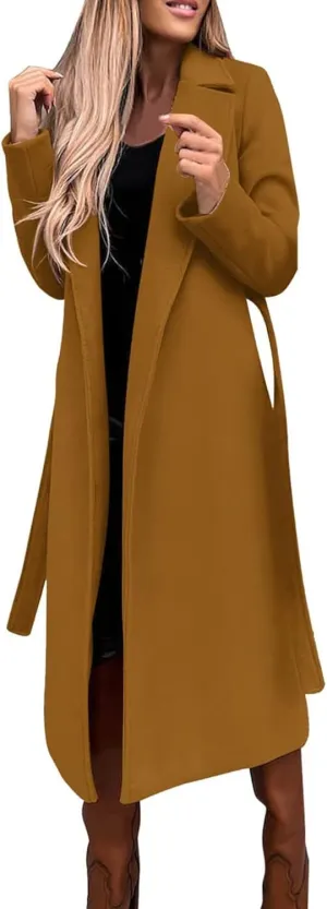 Trench Coat for Women 2023 Open Front Long Sleeve Solid Color Lapel Peacoat Jacket Loose Causal Belted Cardigan Tops