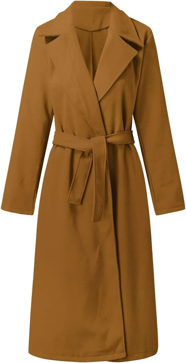 Trench Coat for Women 2023 Open Front Long Sleeve Solid Color Lapel Peacoat Jacket Loose Causal Belted Cardigan Tops