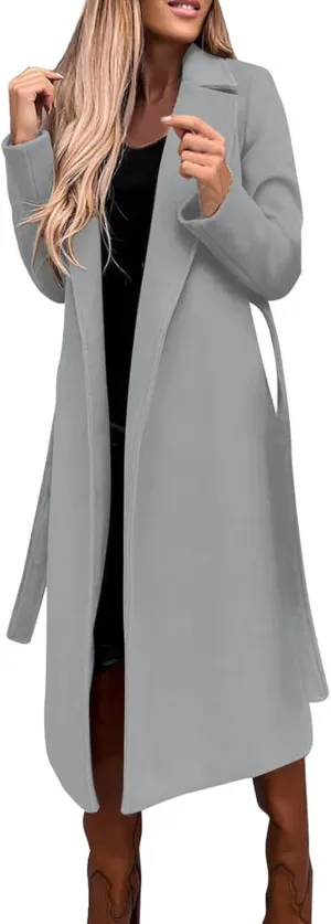 Trench Coat for Women 2023 Open Front Long Sleeve Solid Color Lapel Peacoat Jacket Loose Causal Belted Cardigan Tops