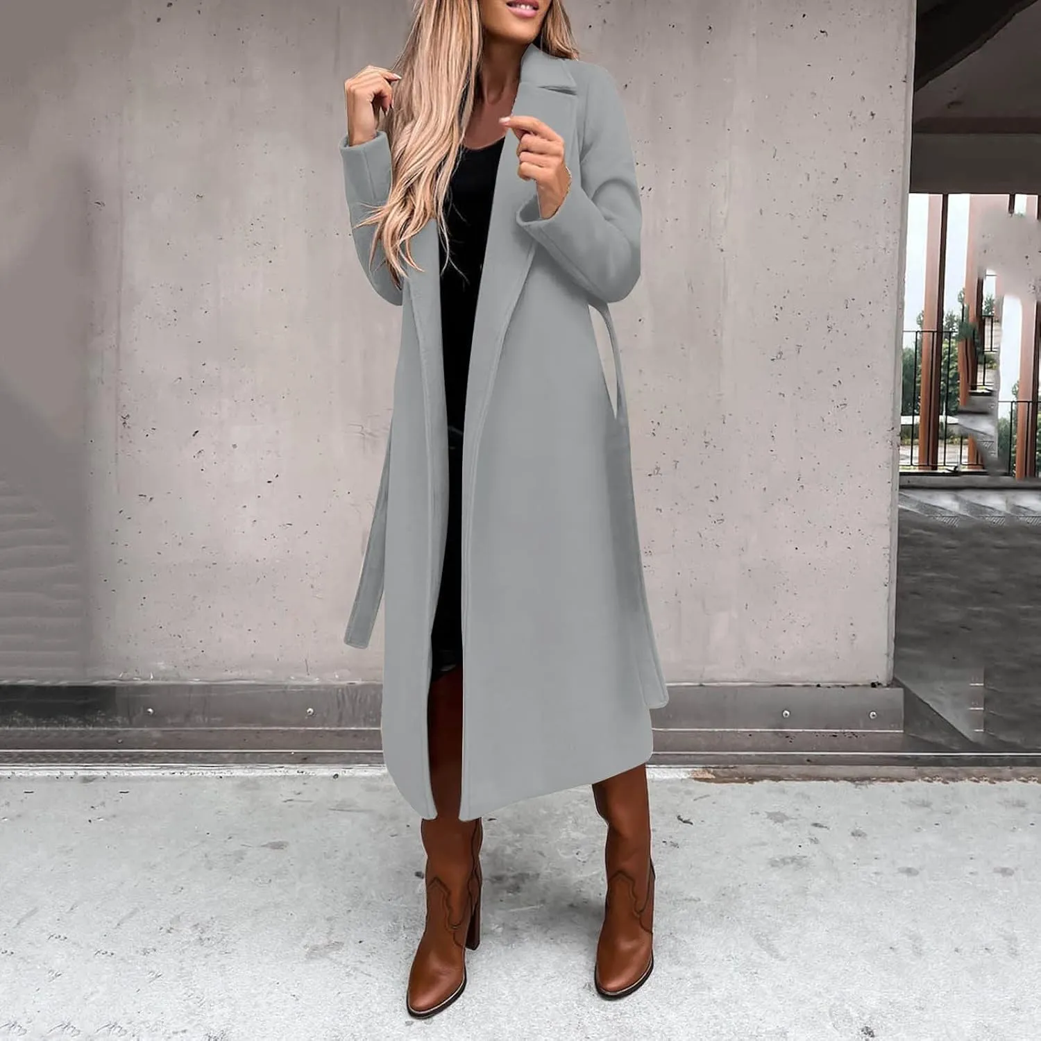 Trench Coat for Women 2023 Open Front Long Sleeve Solid Color Lapel Peacoat Jacket Loose Causal Belted Cardigan Tops