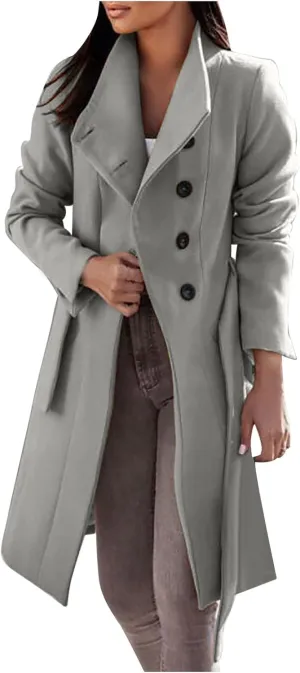 Trench Coat for Women Long Sleeve Solid Color Button Down Standing Neck Jacket Open Front Loose Fit Casual Overcoat Outerwear