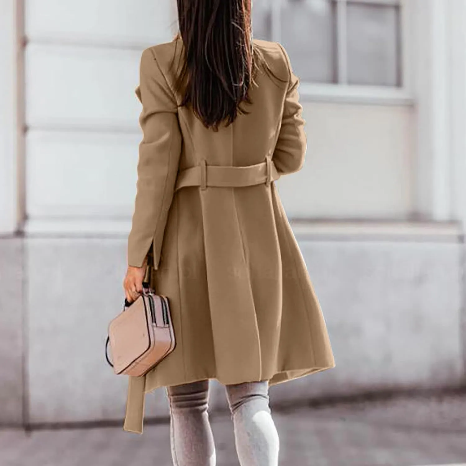 Trench Coat for Women Long Sleeve Solid Color Button Down Standing Neck Jacket Open Front Loose Fit Casual Overcoat Outerwear