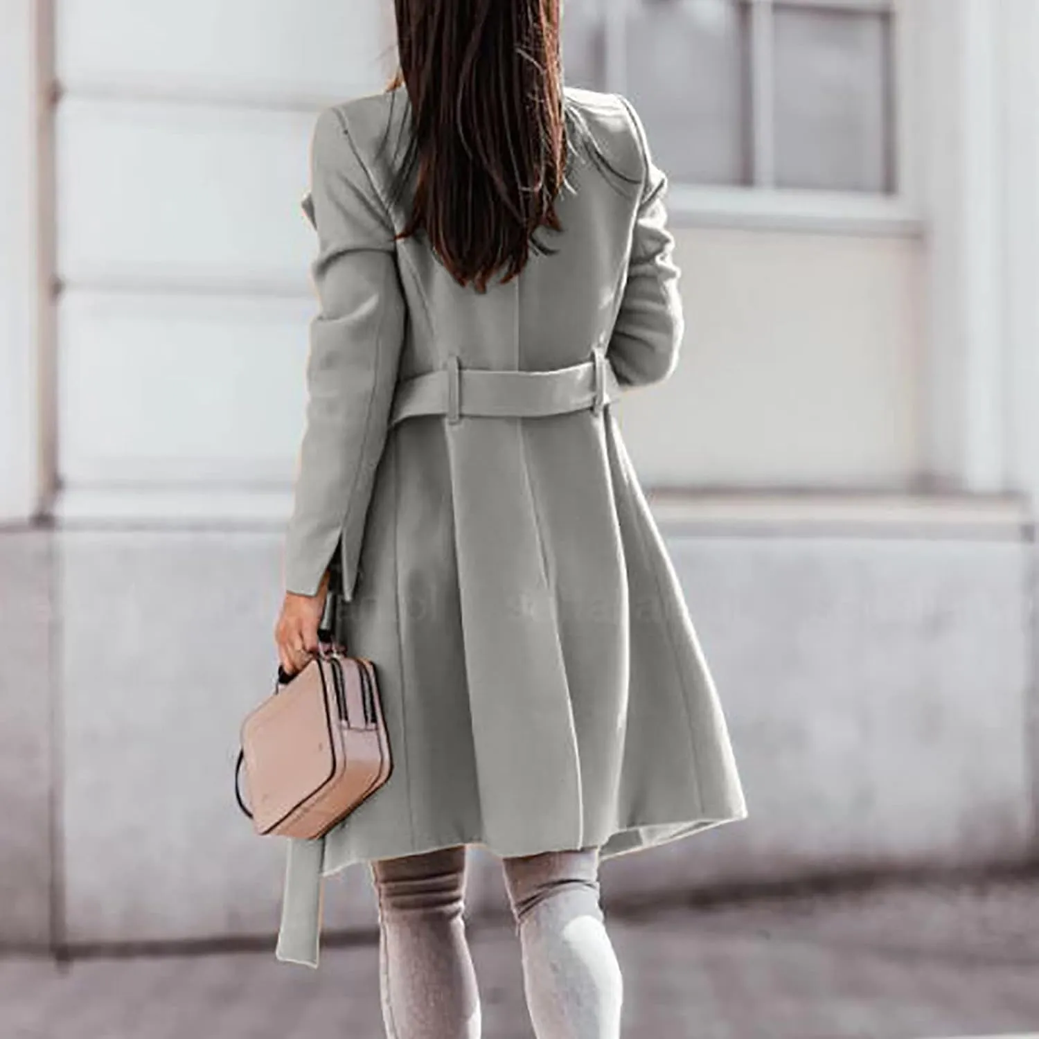 Trench Coat for Women Long Sleeve Solid Color Button Down Standing Neck Jacket Open Front Loose Fit Casual Overcoat Outerwear