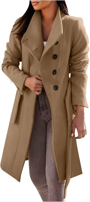 Trench Coat for Women Long Sleeve Solid Color Button Down Standing Neck Jacket Open Front Loose Fit Casual Overcoat Outerwear