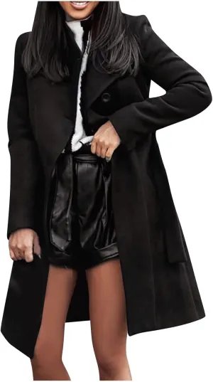 Trench Coat for Women Long Sleeve Solid Color Button Down Standing Neck Jacket Open Front Loose Fit Casual Overcoat Outerwear