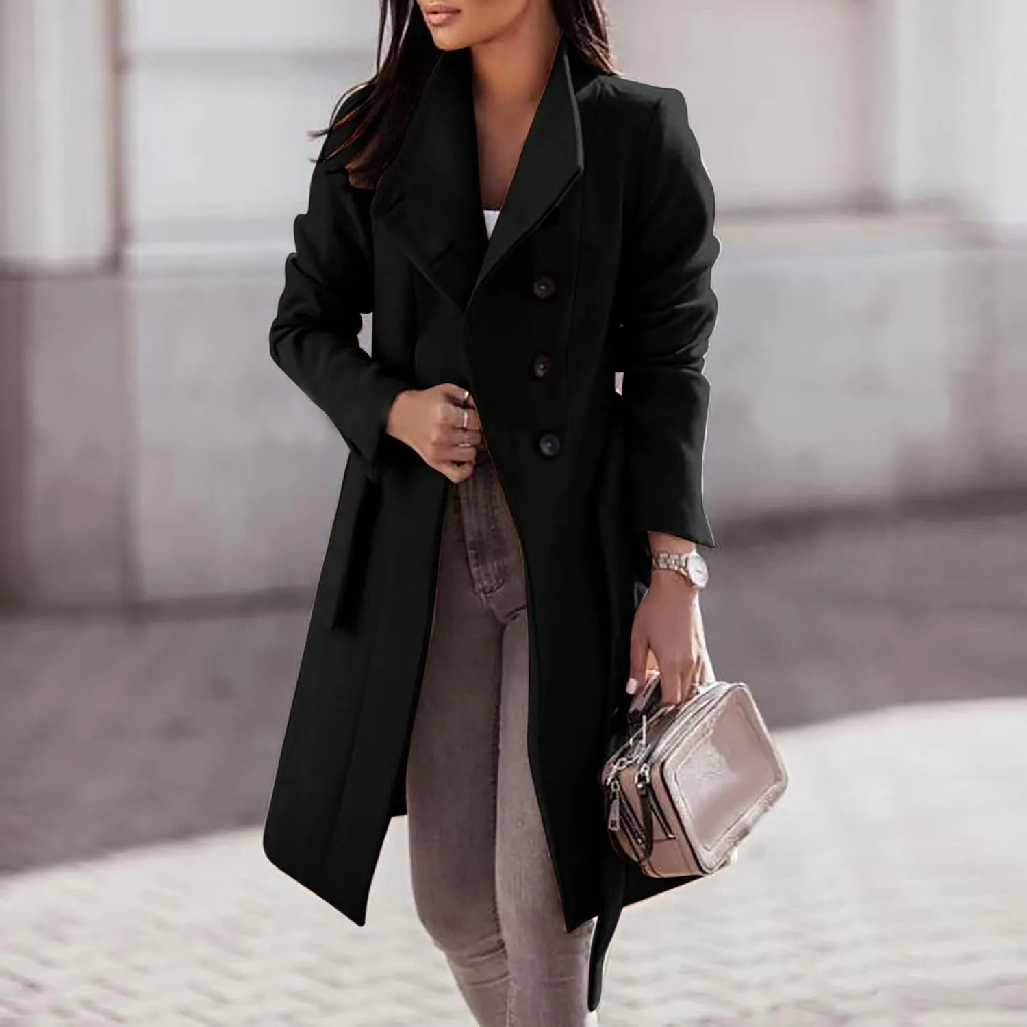 Trench Coat for Women Long Sleeve Solid Color Button Down Standing Neck Jacket Open Front Loose Fit Casual Overcoat Outerwear