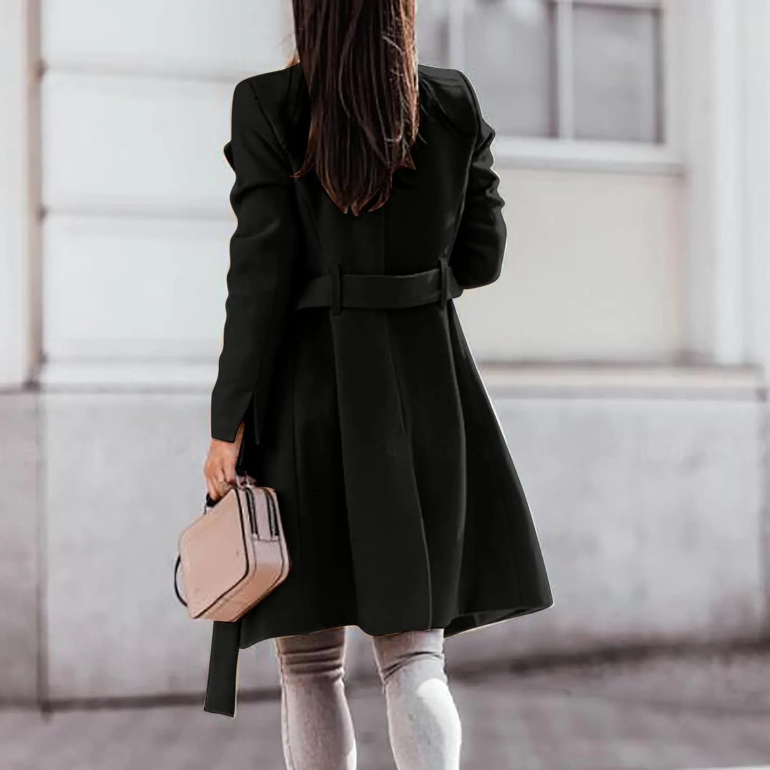 Trench Coat for Women Long Sleeve Solid Color Button Down Standing Neck Jacket Open Front Loose Fit Casual Overcoat Outerwear