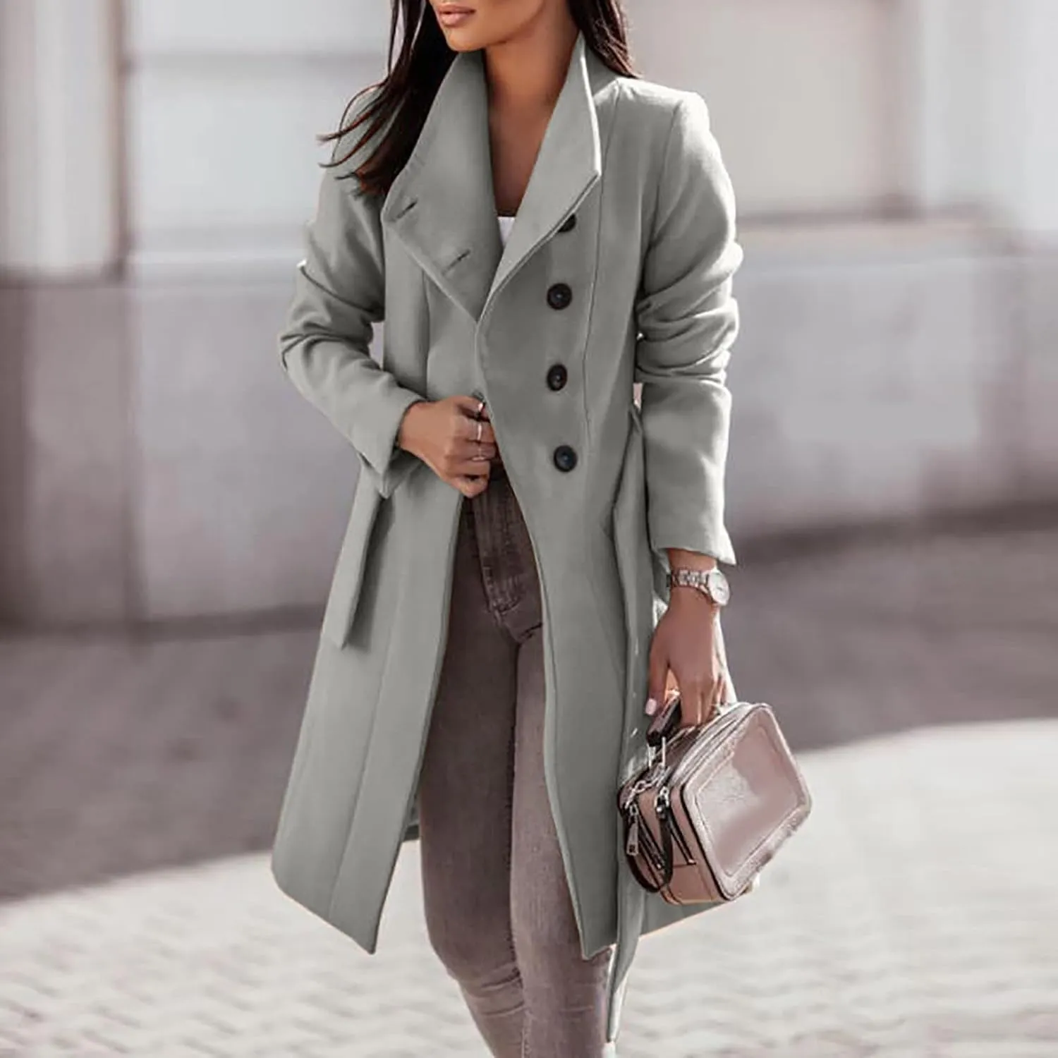 Trench Coat for Women Long Sleeve Solid Color Button Down Standing Neck Jacket Open Front Loose Fit Casual Overcoat Outerwear