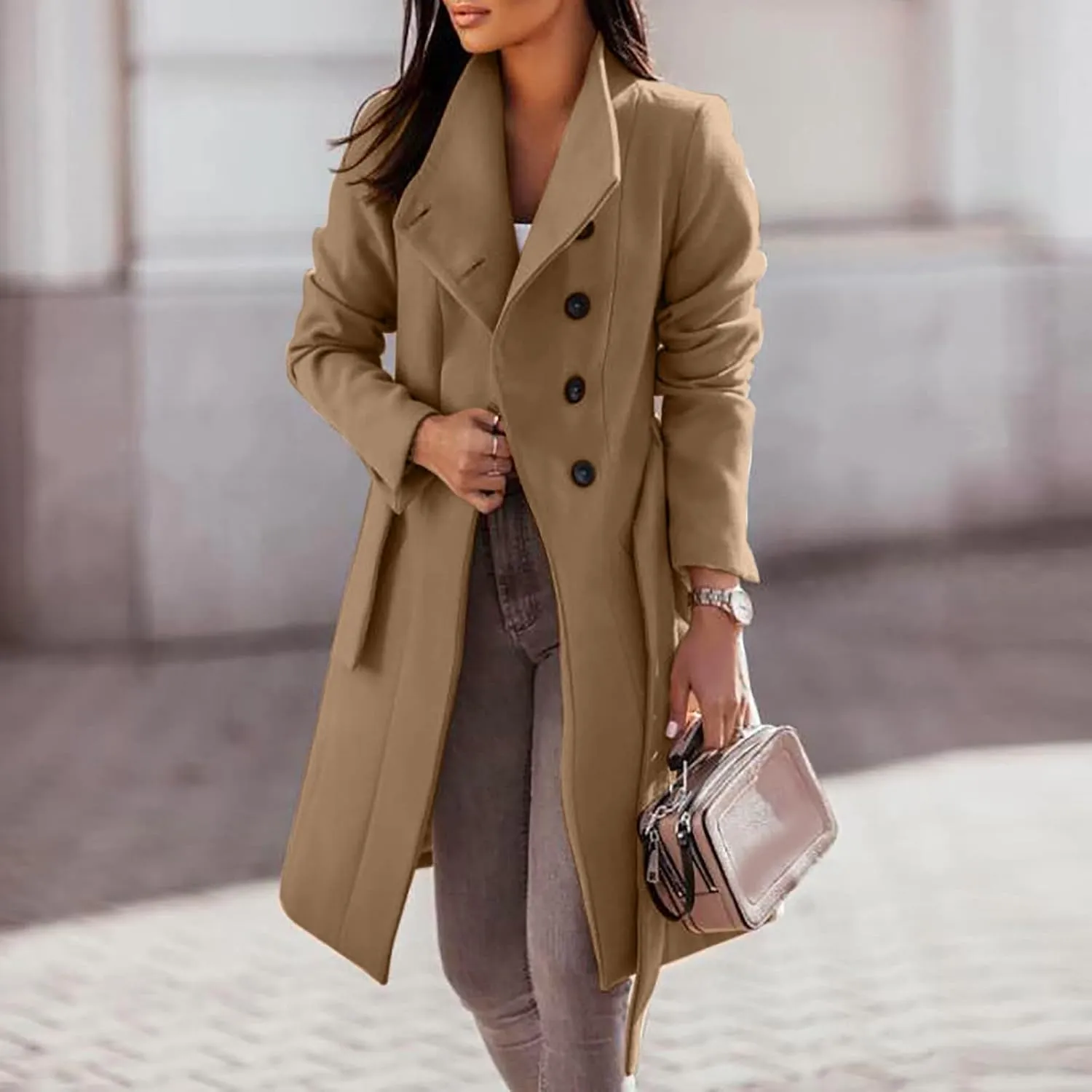 Trench Coat for Women Long Sleeve Solid Color Button Down Standing Neck Jacket Open Front Loose Fit Casual Overcoat Outerwear