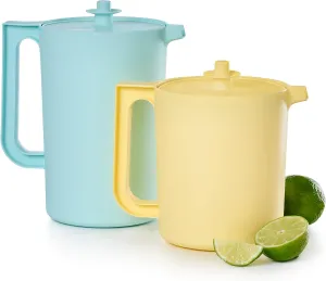 Tupperware Heritage Pitcher Set in Vintage Blue and Yellow Colors, Dishwasher Safe and BPA Free (Set of 2, 1.5 Qt./2 Qt.)