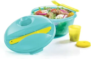 Tupperware Salad on the Go Set Lunch Keeper 6.25 Cup Bowl, Fork, Knife and Midget Blue Green