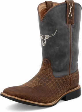 Twisted X Kid's Top Hand, New Wide Square Toe, Chocolate & Dusty Blue, 13.5 M