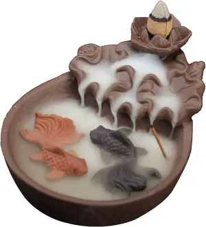 Two Fishes Ceramic Purple Clay Smoke Backflow Incense Cone Sticks Burner Holder