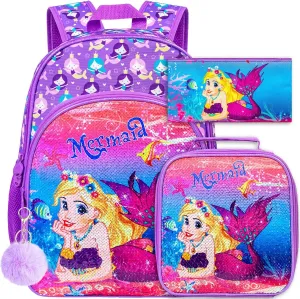 UFNDC 3PCS Backpack for Girls with Lunch Box,16”Kids Sequin Bookbag with Lunch Box, School Bag for Elementary Toddler