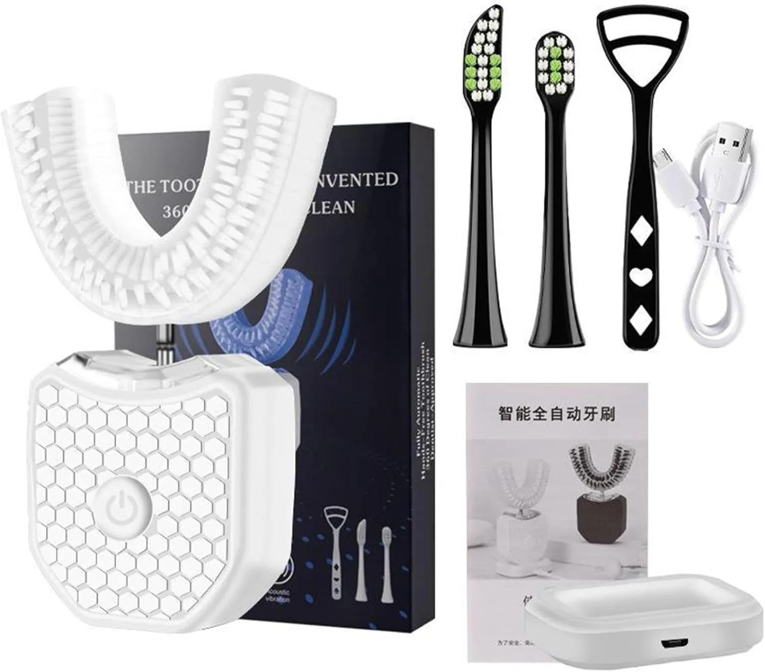 Ultrasonic Electric Toothbrush, U Shaped Automatic Toothbrush for Adults, White