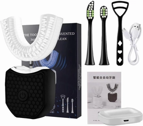 Ultrasonic Electric Toothbrush, U Shaped Automatic Toothbrush for Adults 360° Whole Mouth Toothbrush Whitening Wireless Charging IPX7 Waterproof,Black