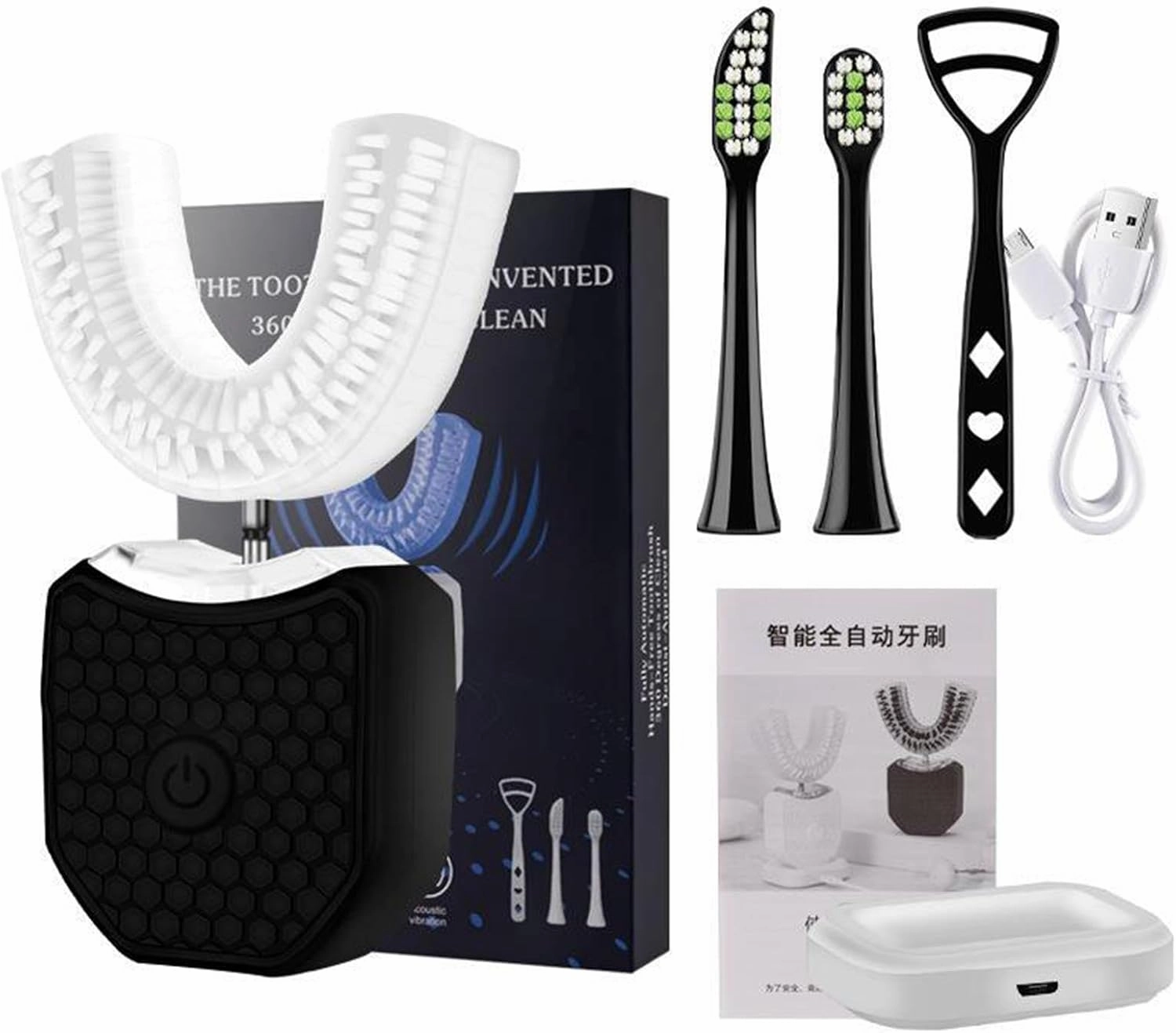 Ultrasonic Electric Toothbrush, U Shaped Automatic Toothbrush for Adults 360° Whole Mouth Toothbrush Whitening Wireless Charging IPX7 Waterproof,Black