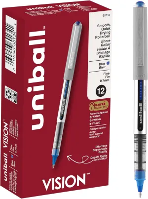 Uni-ball® Vision™ Rollerball Pens, Fine Point, 0.7 mm, Gray Barrel, Blue Ink, Pack Of 12