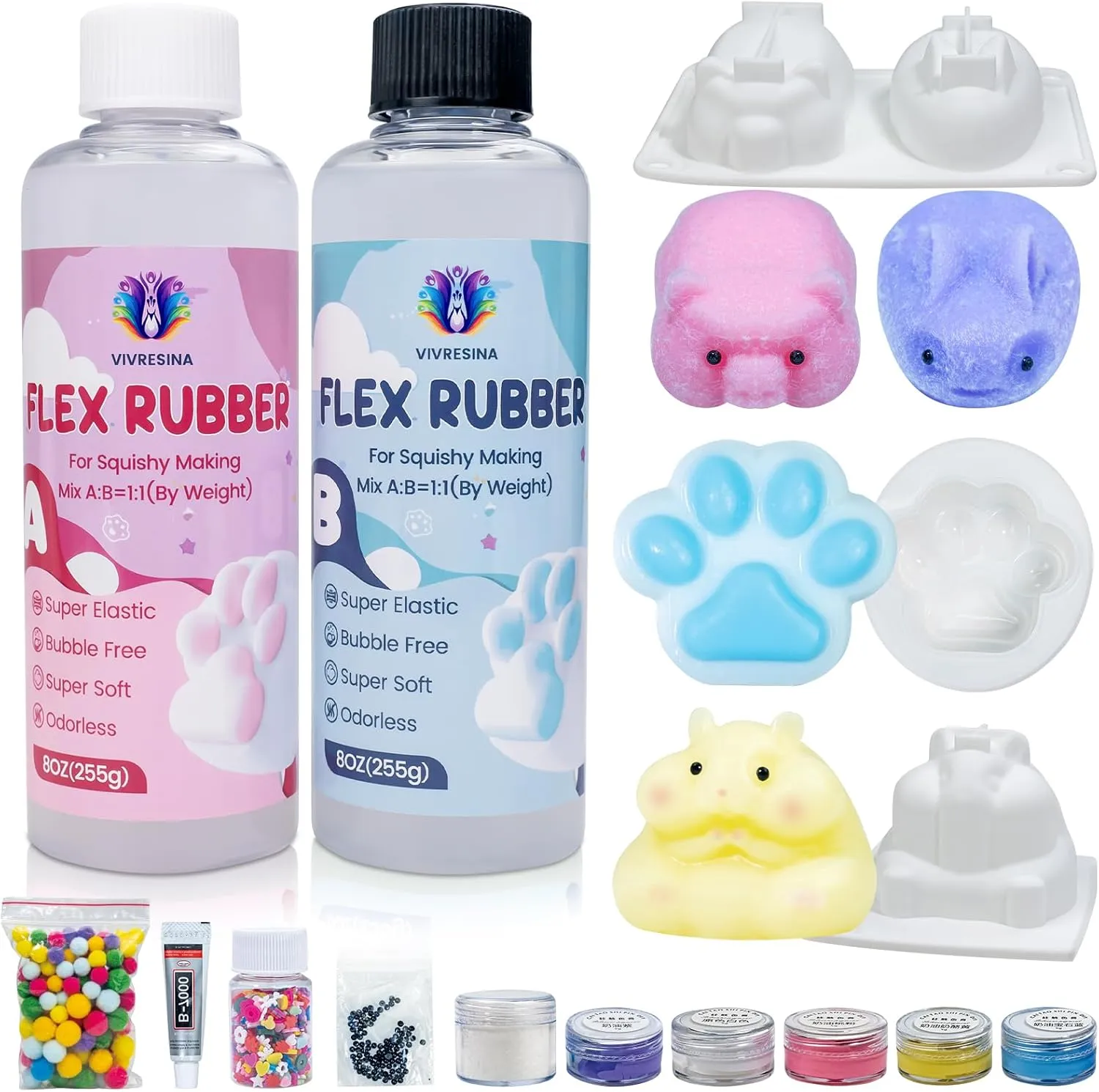 Vivresina Taba Squishy Kit 16 OZ Liquid Silicone for Squishy Making Kit with Cat's Paw, Rabbit and Pig, Hamster Mold, Fufu Squishies Making Kits Silicone Rubber DIY Decompression Gift