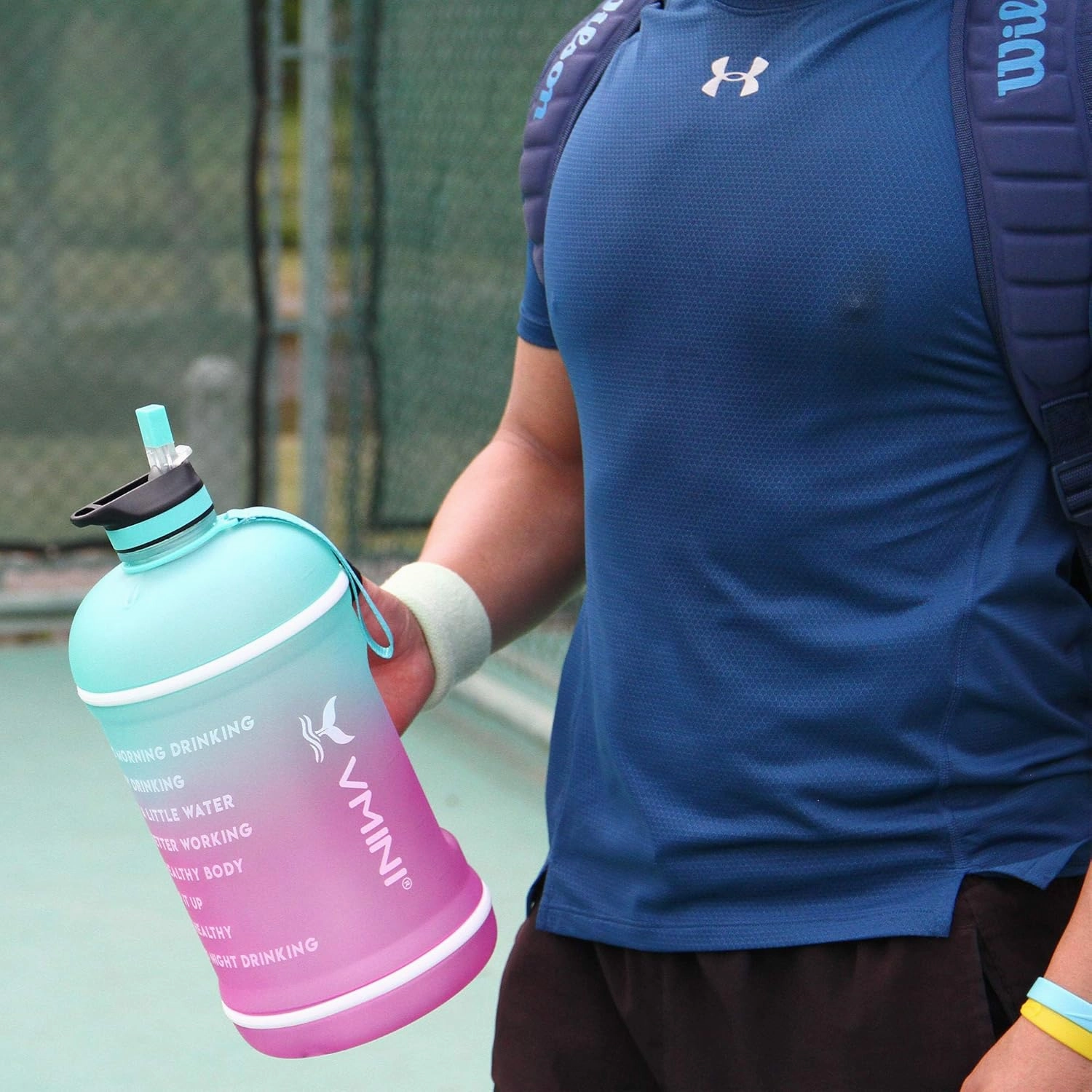 Vmini Water Bottle with Time Marker, Motivational Water Bottle & 1 Gallon Water Bottle with Time Marker to Drink More Daily - Leakproof Reusable Gym Sports Outdoor Large Capacity (Mint and Purple)