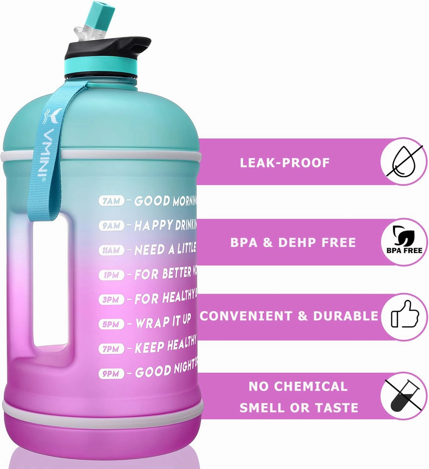 Vmini Water Bottle with Time Marker, Motivational Water Bottle & 1 Gallon Water Bottle with Time Marker to Drink More Daily - Leakproof Reusable Gym Sports Outdoor Large Capacity (Mint and Purple)