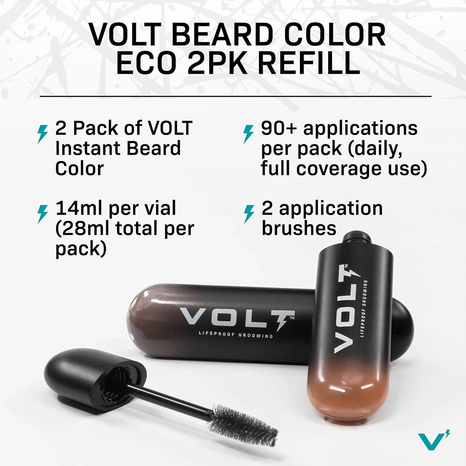 VOLT Grooming Instant Beard Color ECO 2 Pack Refill - Quick Drying Plant Based Hypoallergenic Brush on Color for Beards, Mustaches, and Eyebrows, Ash (Gray/Brown)