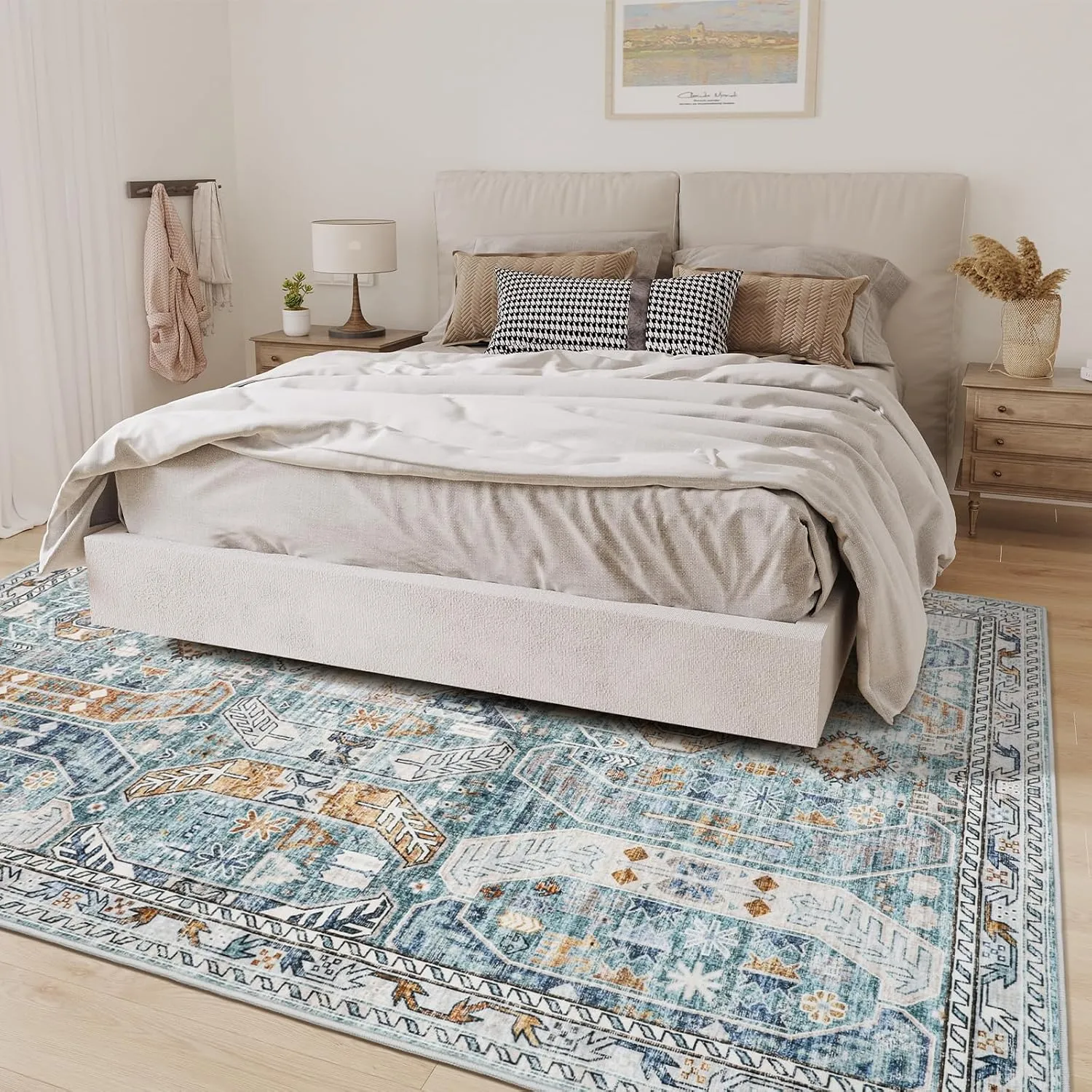 Washable Rug 8x10 Area Rugs for Living Room - Stain Resistant Non-Slip Backing Rugs for Bedroom - Vintage Large Area Rug (Blue/Gold, 8'x10')