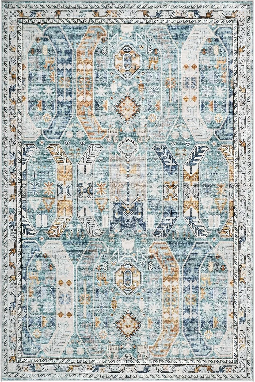 Washable Rug 8x10 Area Rugs for Living Room - Stain Resistant Non-Slip Backing Rugs for Bedroom - Vintage Large Area Rug (Blue/Gold, 8'x10')