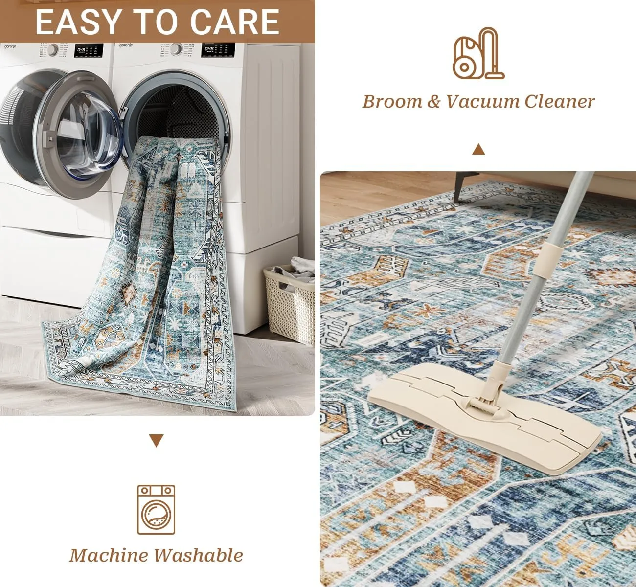Washable Rug 8x10 Area Rugs for Living Room - Stain Resistant Non-Slip Backing Rugs for Bedroom - Vintage Large Area Rug (Blue/Gold, 8'x10')