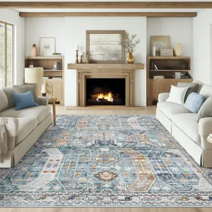 Washable Rug 8x10 Area Rugs for Living Room - Stain Resistant Non-Slip Backing Rugs for Bedroom - Vintage Large Area Rug (Blue/Gold, 8'x10')