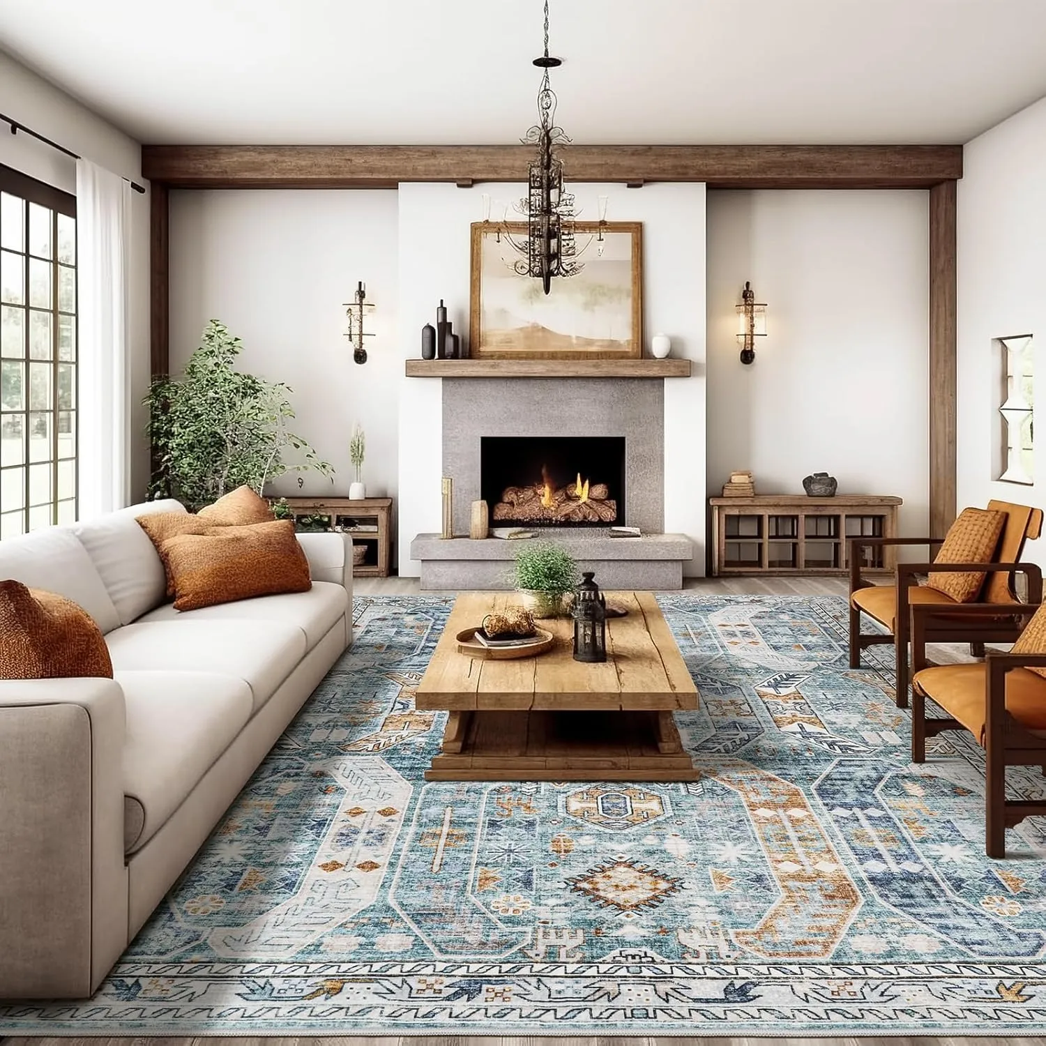 Washable Rug 8x10 Area Rugs for Living Room - Stain Resistant Non-Slip Backing Rugs for Bedroom - Vintage Large Area Rug (Blue/Gold, 8'x10')