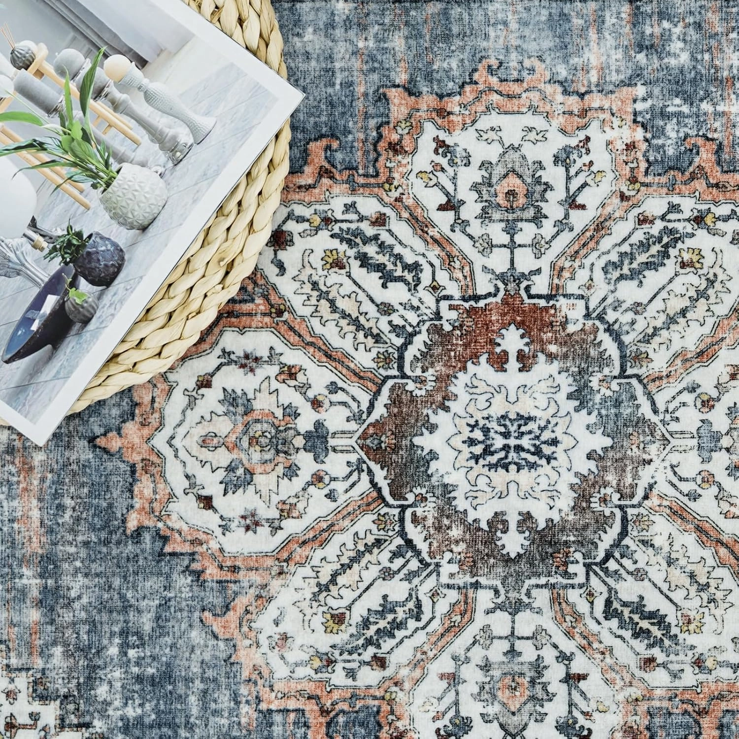 Washable Kitchen Runner Rug - 2x10 Hallway Rug Distressed Mats Non-Slip Soft Room Floor Carpet for Dining Room (Blue, 2 x 10)