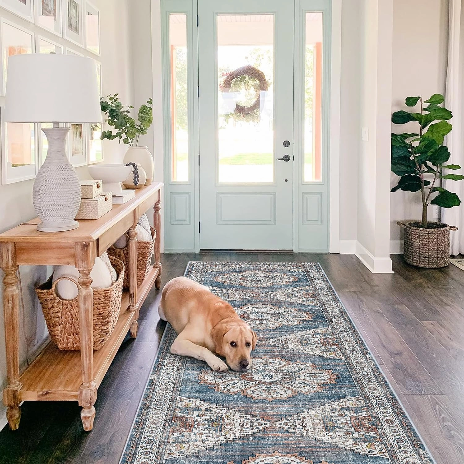 Washable Kitchen Runner Rug - 2x10 Hallway Rug Distressed Mats Non-Slip Soft Room Floor Carpet for Dining Room (Blue, 2 x 10)
