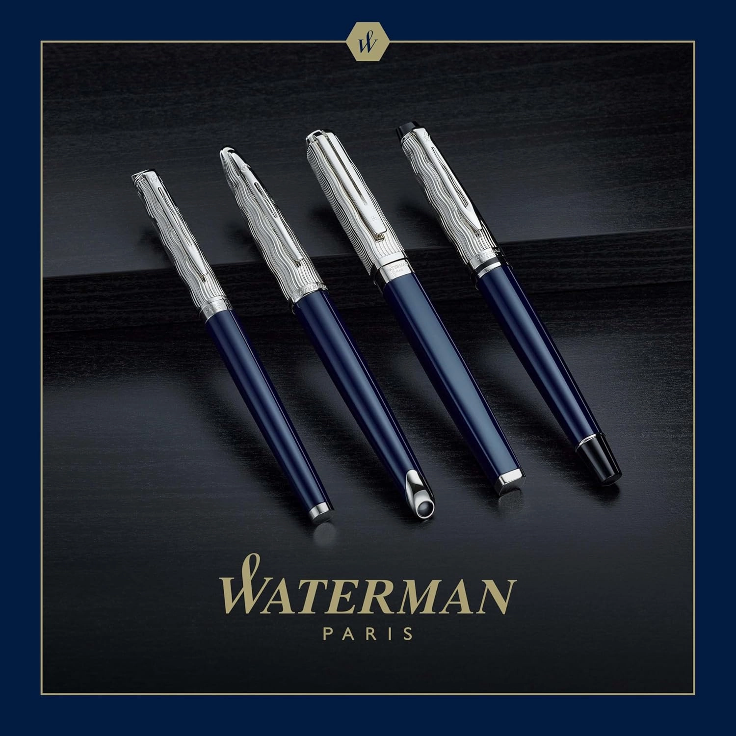 Waterman Hémisphère Rollerball Pen | Metal & Blue Lacquer | Chiselled Cap | Black Ink | Gift Box