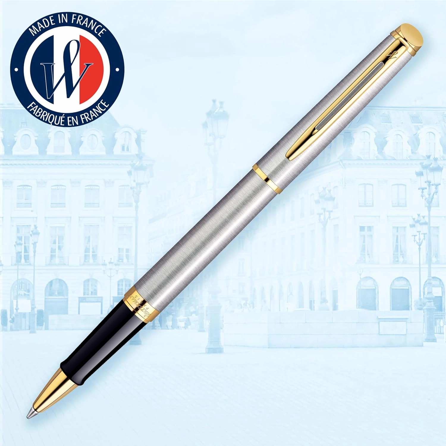 Waterman Hémisphère RollerBall Pen, Stainless Steel with 23k Gold Trim, Fine Point, Black Ink, Gift Box