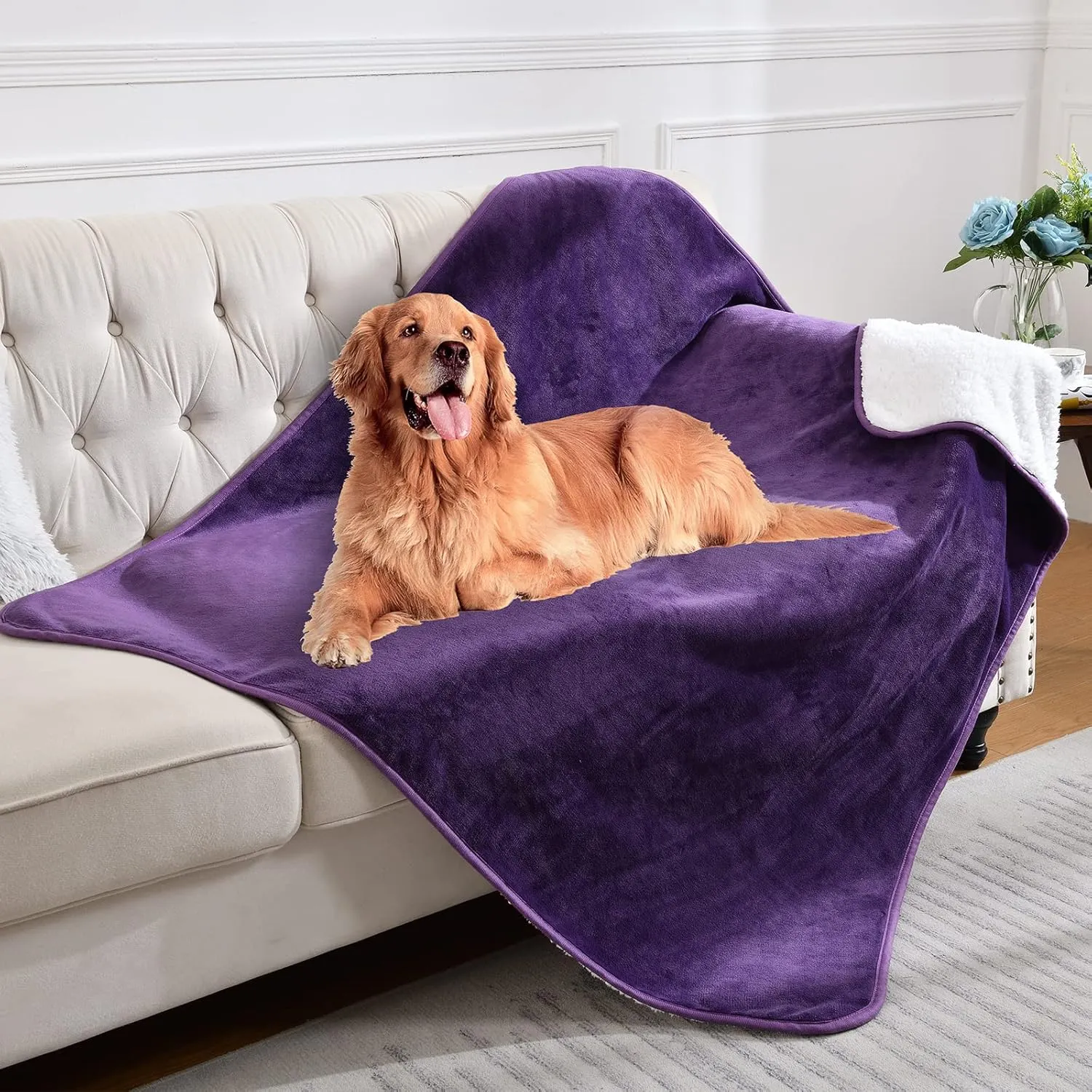 Waterproof Blanket for Bed Couch Sofa, Soft Liquid Pee Proof Pet Blanket for Dog Puppy Cat, Reversible Sherpa Fleece Furniture Protector (Dark Purple, 50x60 inches)