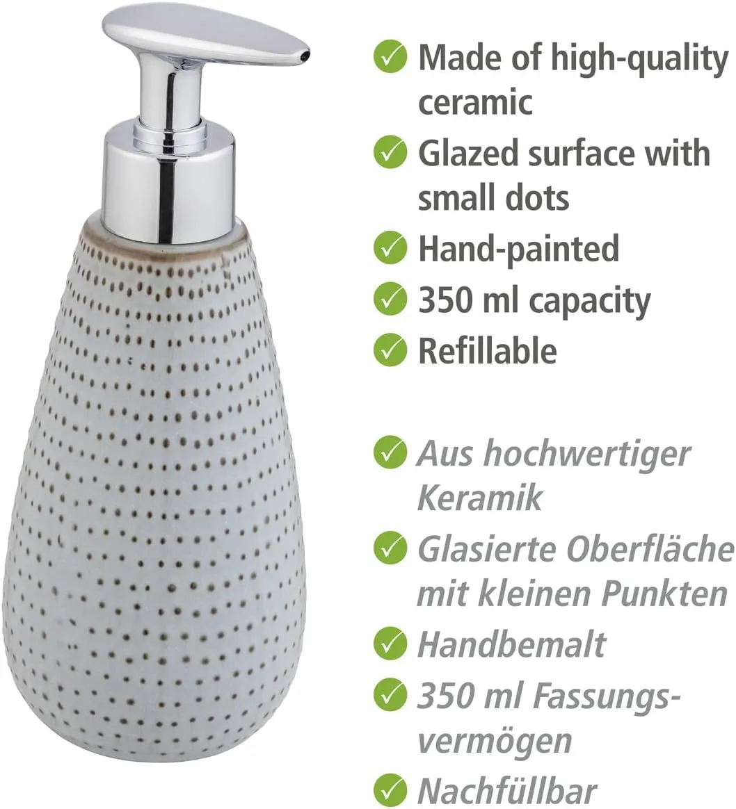 WENKO Bellante soap Dispenser, Refill Dispenser Made of Ceramic for 350 ml Liquid soap or Washing-up Liquid, Glazed Surface with Small dots, (W/D x H): Ø 8 x 20.3 cm, Light Blue