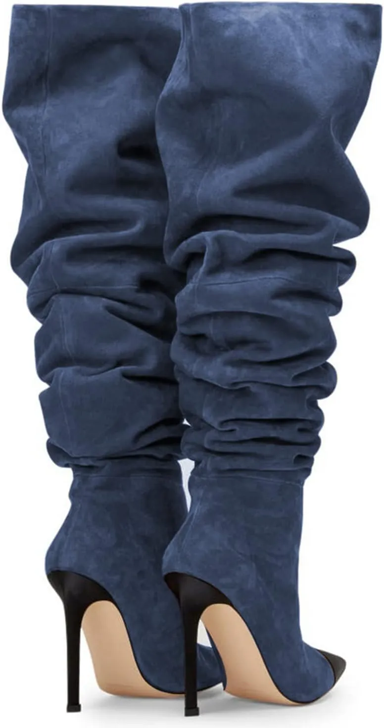 Women Soft Plicated Suede Stiletto Heel Knee High Boots, Sexy Cap Toe Thigh Boots, Retro Patchwork Black Mid-Calf Boots, Stretch Slip-on Winter Warm Boots for Dress up, Full Size 4-16 M US