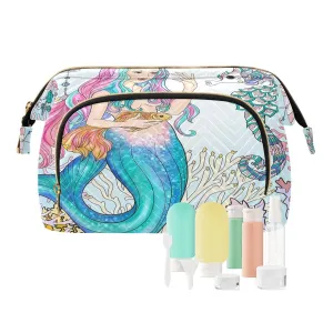 Women Wave Quilt Cosmetic Bag, Zipper Toiletry Storage 10.2x5.9x6.7 in, Pouch Handbag Makeup Case Purse Holder Organizer Print Mermaid With Gold Fish Seahorse Coral Reef Colorful