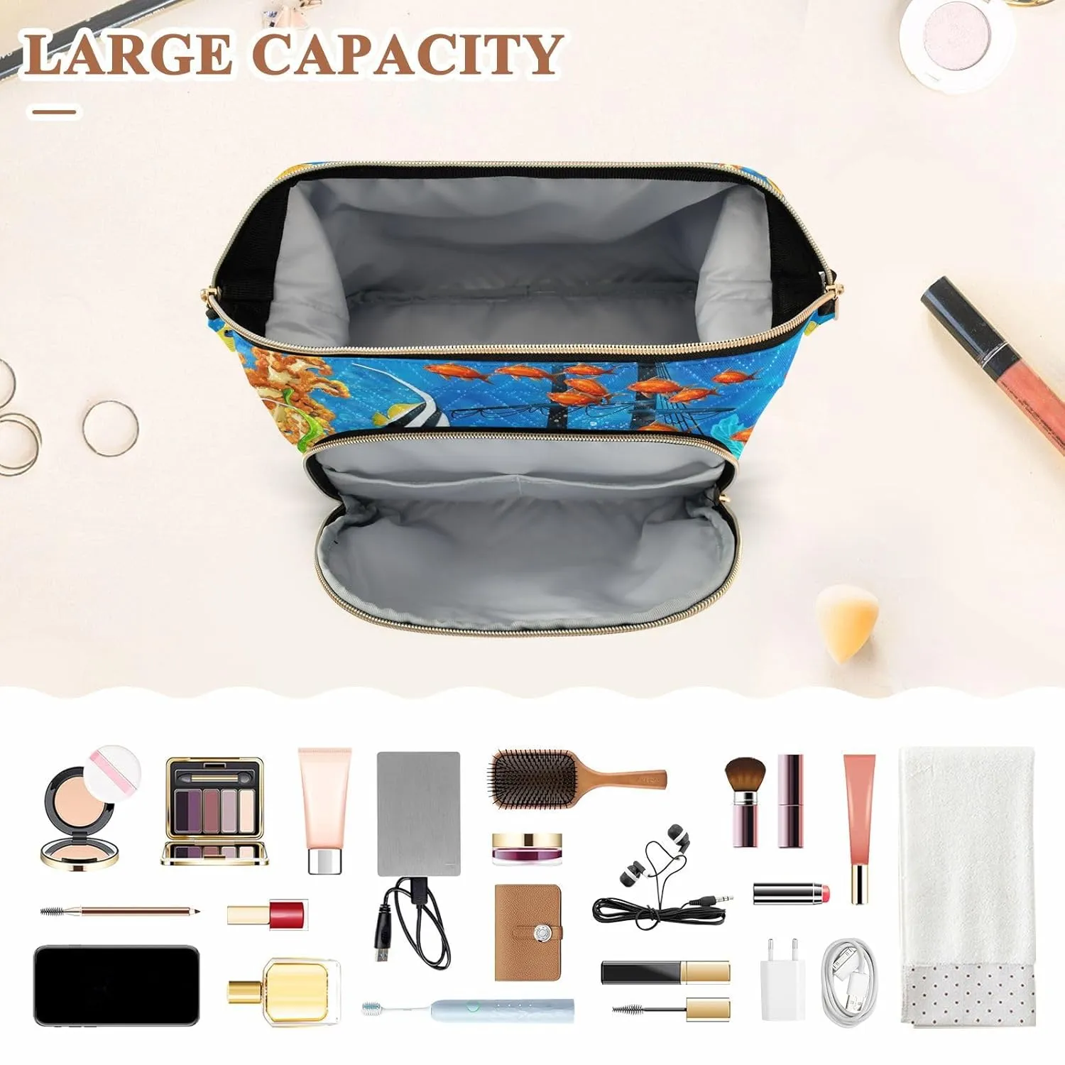 Women Wave Quilt Cosmetic Bag, Zipper Toiletry Storage 10.2x5.9x6.7 in, Pouch Handbag Makeup Case Purse Holder Organizer Print Orange Clownfish Yellow Fishes Coral Reef Ship