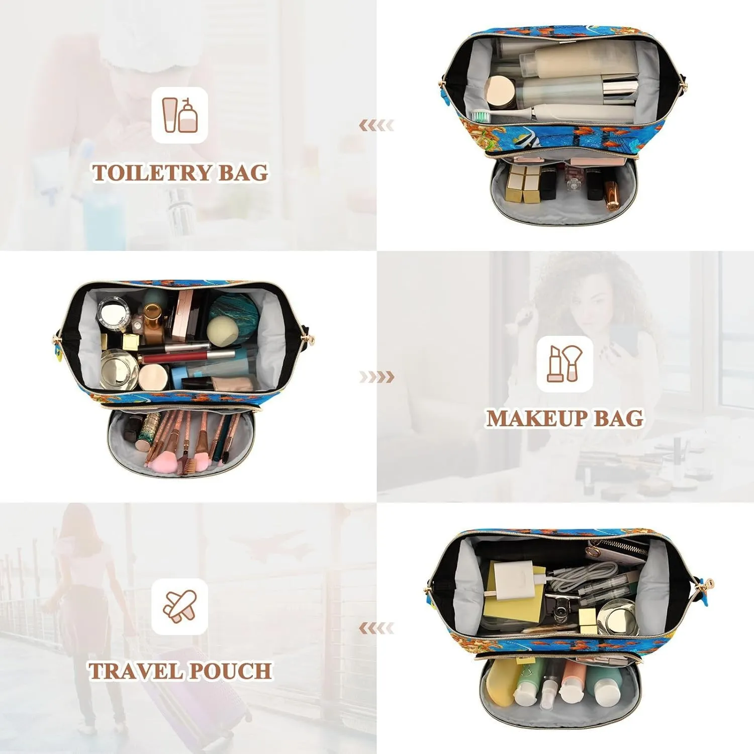 Women Wave Quilt Cosmetic Bag, Zipper Toiletry Storage 10.2x5.9x6.7 in, Pouch Handbag Makeup Case Purse Holder Organizer Print Orange Clownfish Yellow Fishes Coral Reef Ship